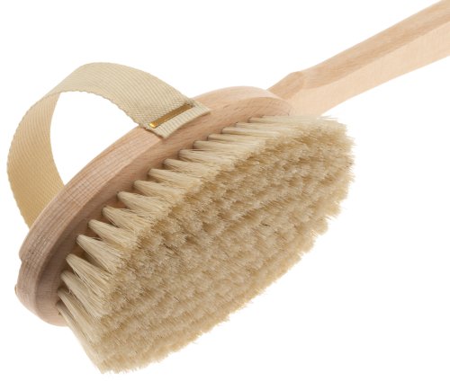 Nahaufnahme der riffi Badebürste Natur mit festen Naturborsten und praktischem Baumwoll-Handriemen – ideal für Trockenmassage oder Dusche.