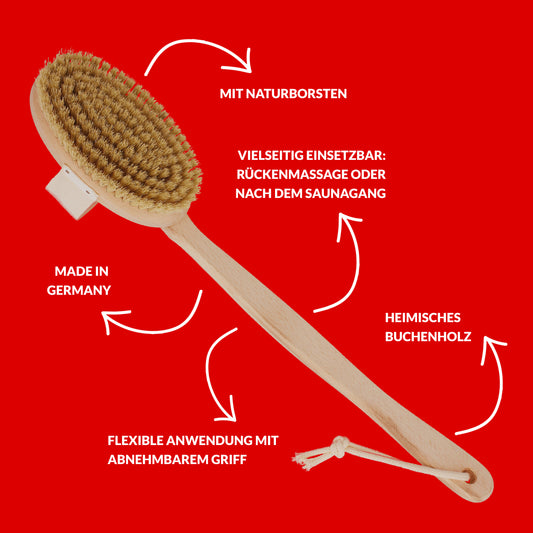 riffi Badebürste Natur mit Naturborsten und abnehmbarem Stiel aus Buchenholz – vielseitig für Rückenmassage oder nach dem Saunagang