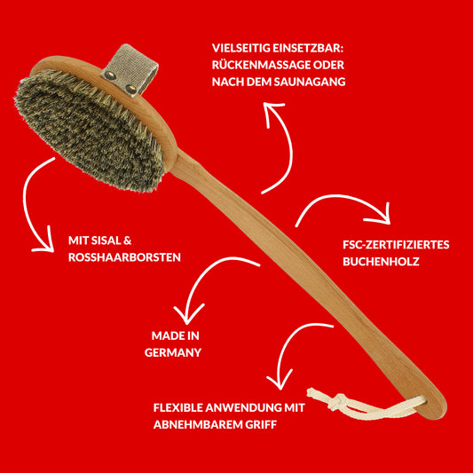riffi Badebürste mit Sisal- und Rosshaarborsten aus FSC-zertifiziertem Buchenholz, abnehmbarer Griff, vielseitig für Rückenmassage oder Sauna