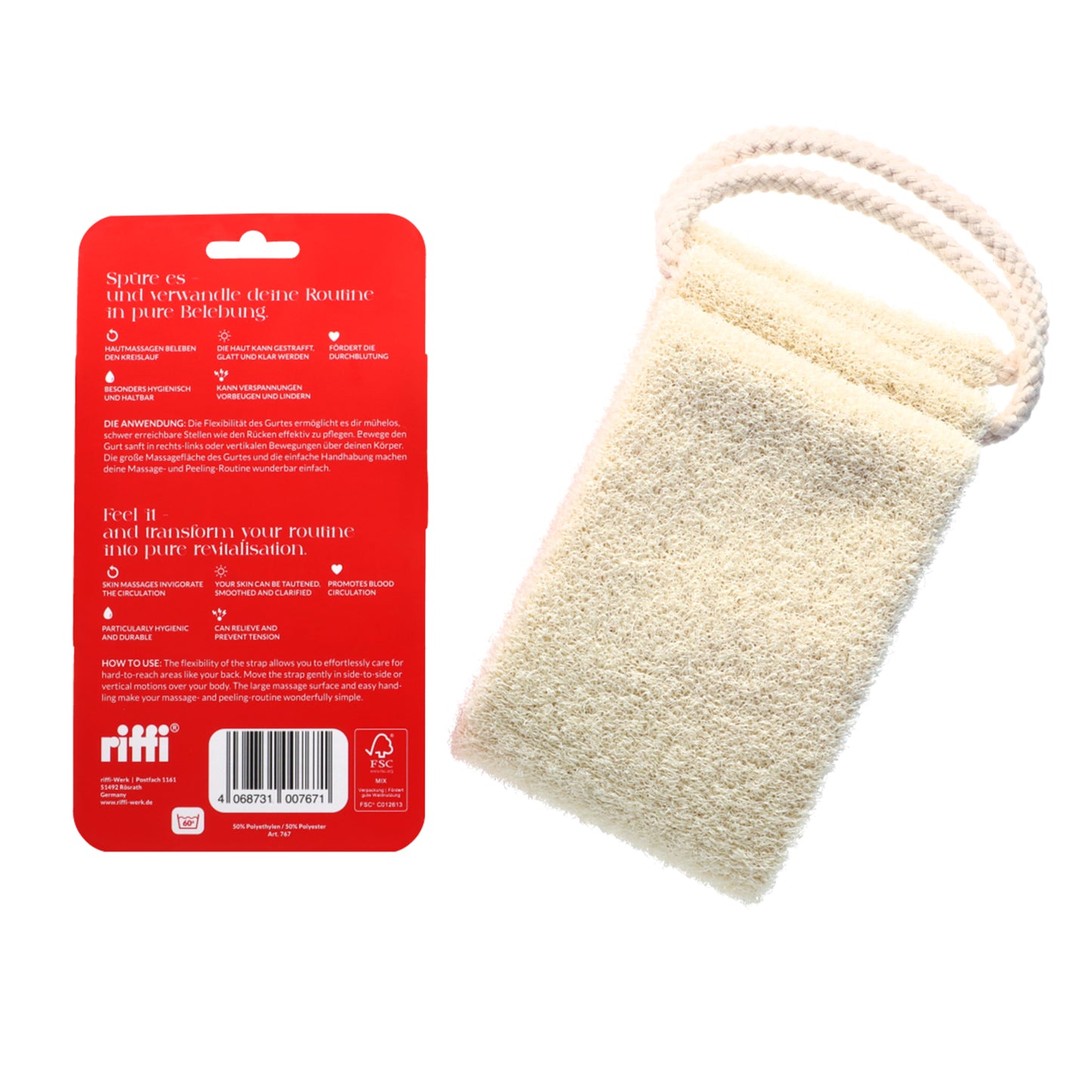 riffi Belebung Massage Gurt mit Verpackungsrückseite, Anwendungshinweisen und Vorteilen wie Hautstraffung, Durchblutungsförderung und Massagewirkung.