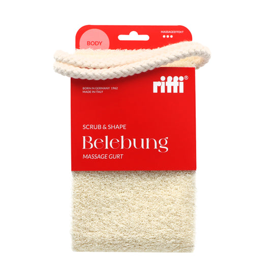 Verpackung des riffi Massage Gurts Belebung – Scrub & Shape, in Rot mit Sicht auf das Produkt und Hinweis auf Massageeffekt.