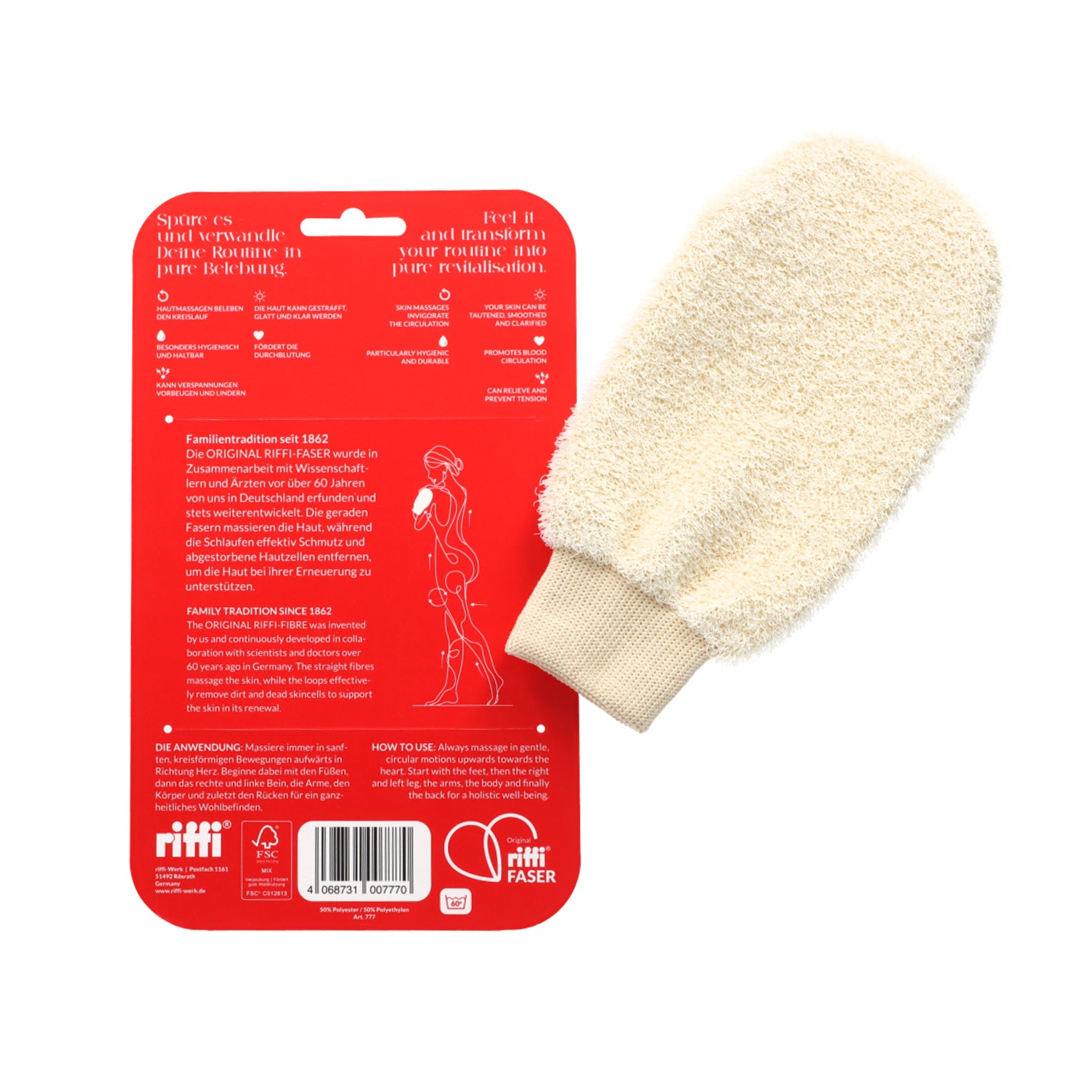 riffi Massagehandschuh mit Verpackungsrückseite: Anwendungshinweise, Text zur riffi-Faser, Massageeffekt, Hautpflegewirkung und Beschreibung auf Deutsch & Englisch.