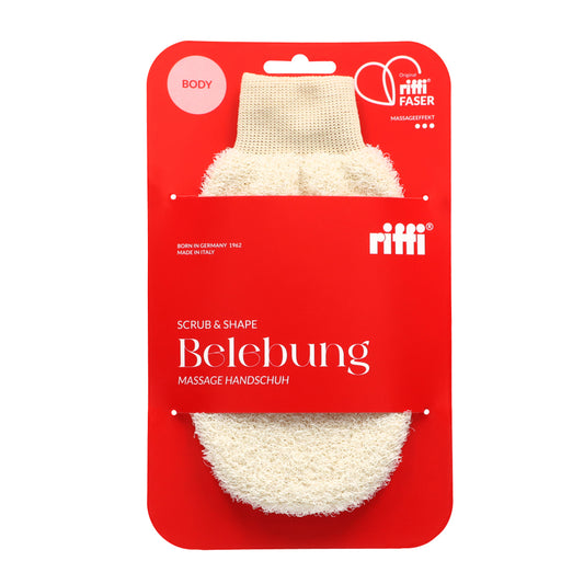 riffi Belebung Massagehandschuh in roter Verpackung – Scrub & Shape, mit Sicht auf das Produkt und Hinweis auf Original riffi-Faser.