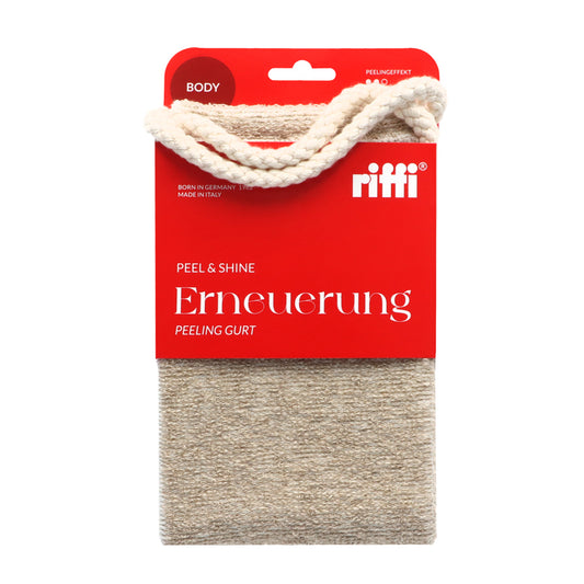 Produktverpackung des riffi Erneuerung Peeling Gurts in Rot mit Sicht auf den Gurt aus Naturfasern, Aufschrift Peel & Shine – Bodypflegeprodukt für Peelingeffekt