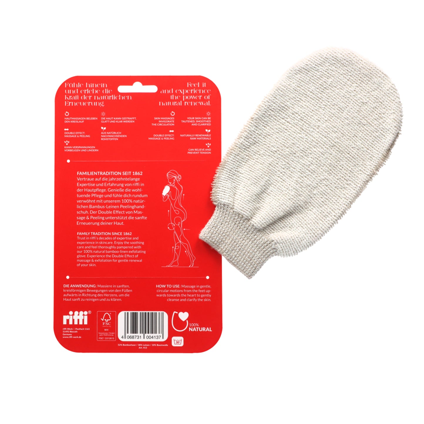 Rückseite der riffi Erneuerung Verpackung mit Anwendungstext, Produktbeschreibung und Massageillustration.