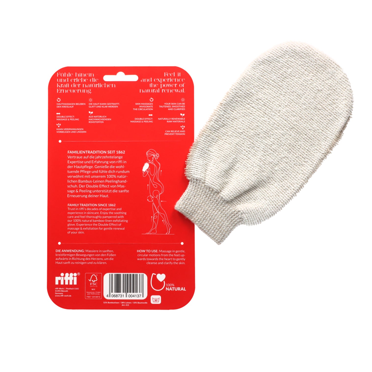 Rückseite der riffi Erneuerung Verpackung mit Anwendungstext, Produktbeschreibung und Massageillustration.