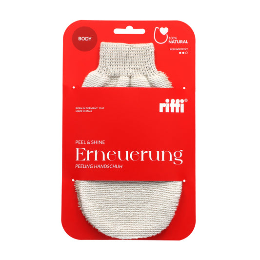 riffi Erneuerung Peelinghandschuh in roter Verpackung mit Sicht auf das Produkt, Hinweis auf 100 % Natur und Peelingeffekt.