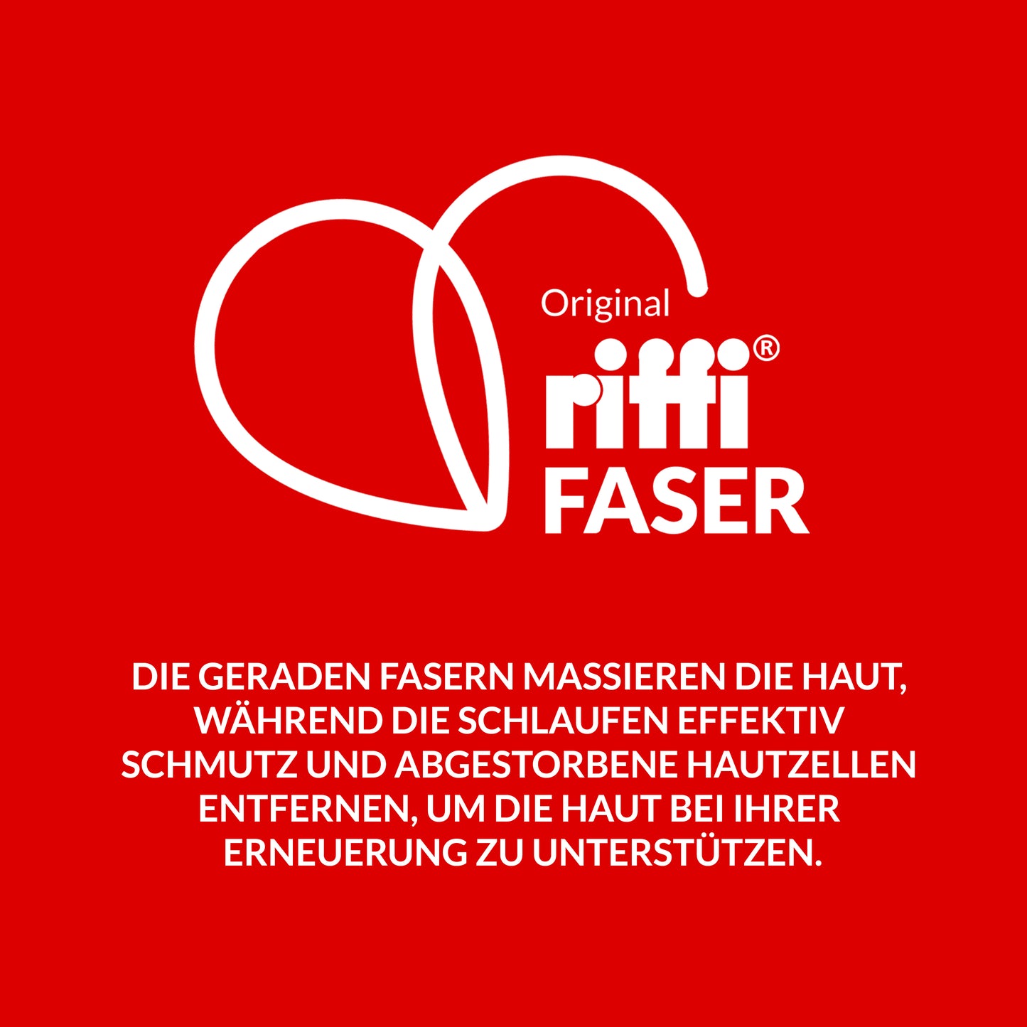 Erklärungsgrafik zur riffi Faser: Gerade Fasern für Massage, Schlaufen zur Entfernung von Hautzellen – für sanfte Erneuerung der Haut.