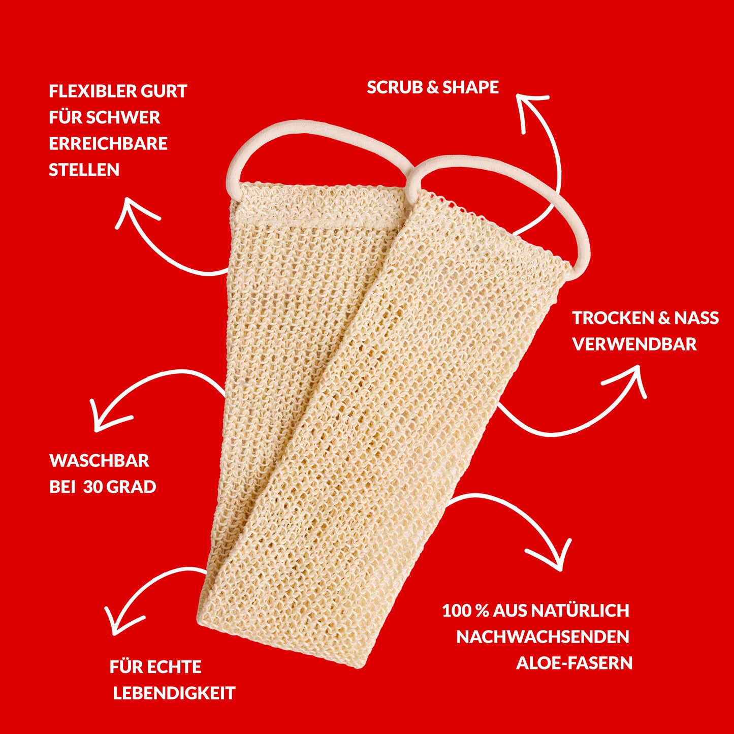 Produktvorteile des riffi Lebendigkeit Massagegurts aus Aloe-Sisal – 100 % Naturfaser, flexibel, waschbar und nachhaltig