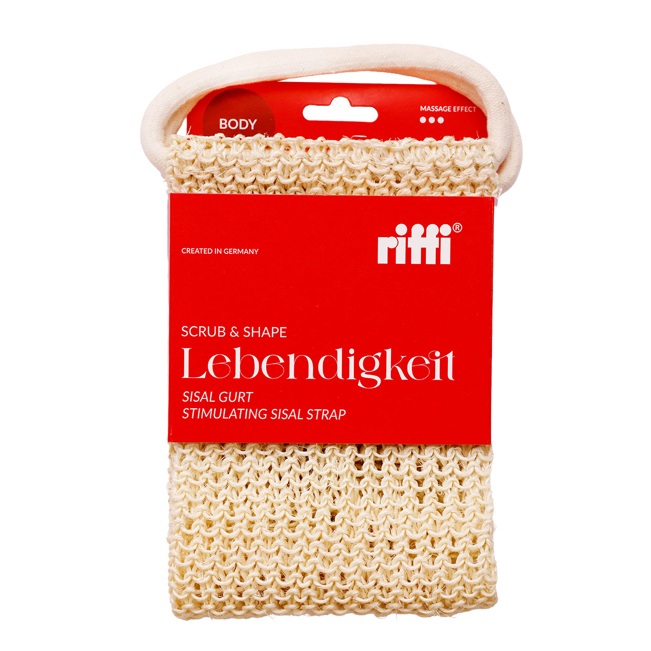 riffi Lebendigkeit Massagegurt aus 100 % Aloe-Sisal mit roter Verpackung – natürlicher Massage- und Peelinggurt für Rücken und Körperpflege