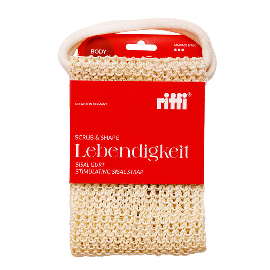 riffi Lebendigkeit Massagegurt aus 100 % Aloe-Sisal mit roter Verpackung – natürlicher Massage- und Peelinggurt für Rücken und Körperpflege