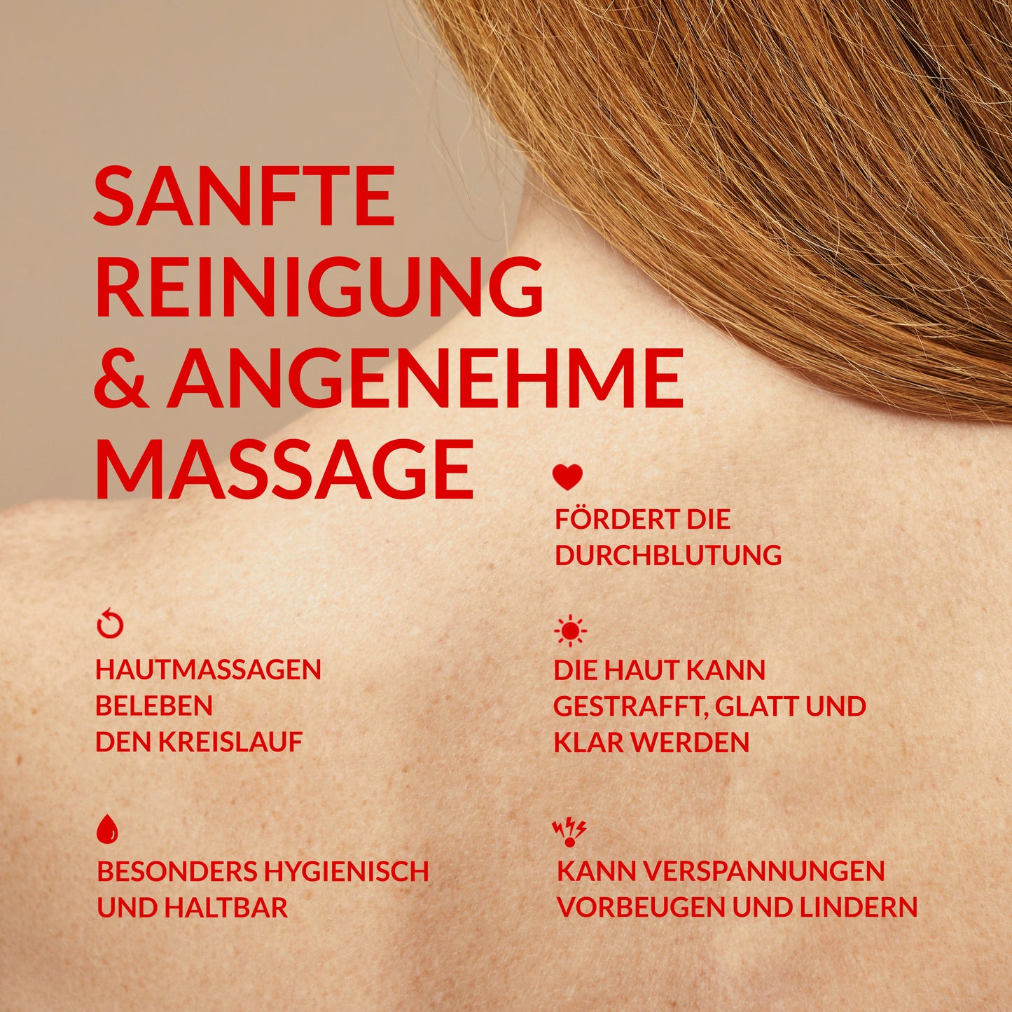 Visual zur Wirkung des riffi Massagehandschuhs: Sanfte Reinigung, Förderung der Durchblutung, Hautstraffung, Verspannungslinderung, hygienisch und haltbar.