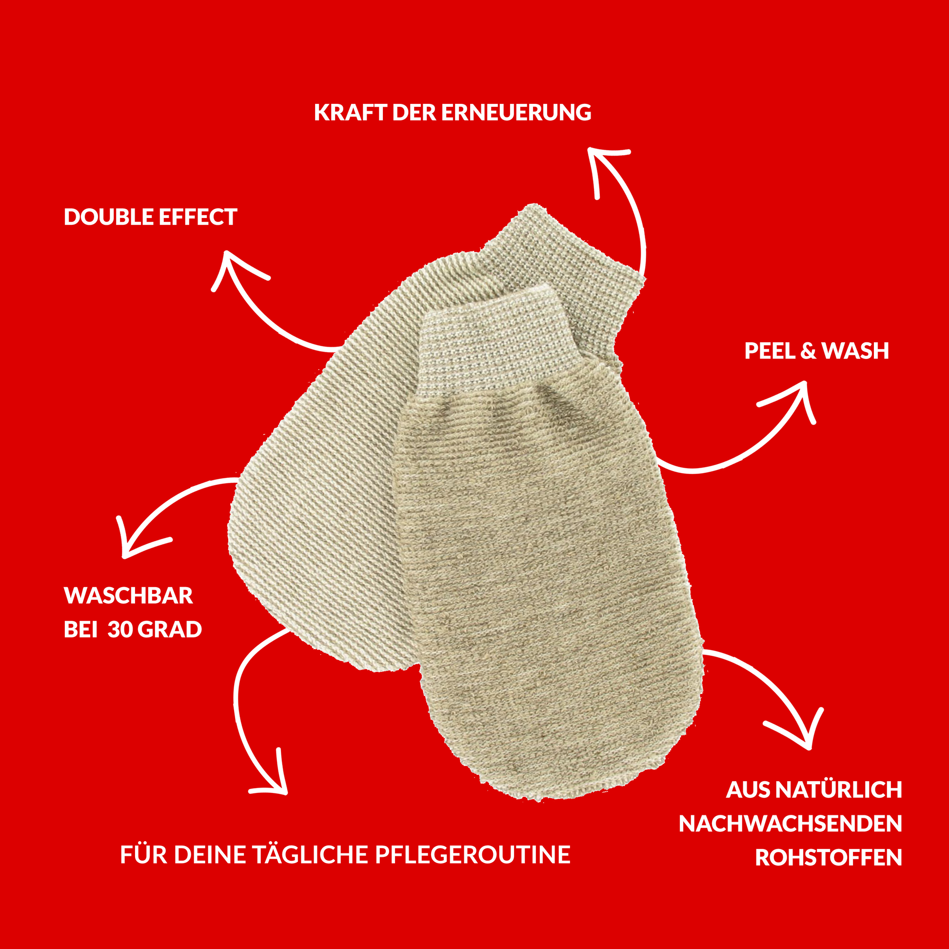 Zweiseitiger Peelinghandschuh von riffi mit Double-Effect-Technologie aus natürlichen, nachwachsenden Rohstoffen, waschbar bei 30 Grad – ideal für die tägliche Hautpflege und Regeneration.