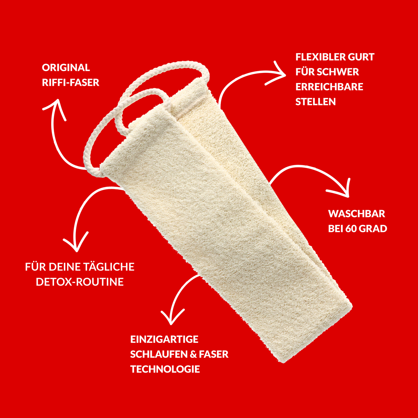 Riffi Rückenband aus original Riffi-Faser mit flexiblem Gurt für schwer erreichbare Stellen, einzigartiger Schlaufen- und Fasertechnologie, waschbar bei 60 Grad – perfekt für die tägliche Detox- und Hautpflegeroutine.