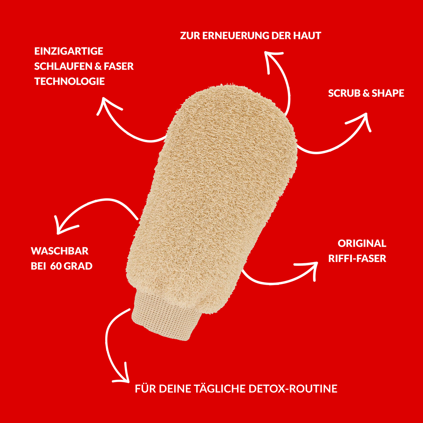 Peelinghandschuh von riffi aus originaler Riffi-Faser mit einzigartiger Schlaufen- und Fasertechnologie, waschbar bei 60 Grad – ideal zur Hauterneuerung und täglichen Detox-Routine.