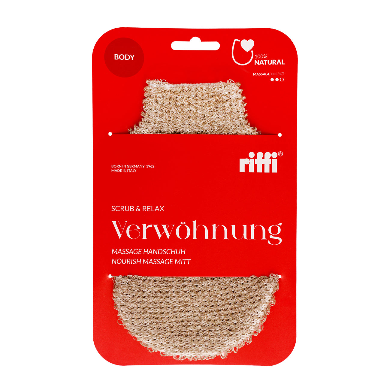 riffi Verwöhnung Massagehandschuh Scrub & Relax – sanfte Massage und Peeling für empfindliche Haut, aus Leinen und Baumwolle