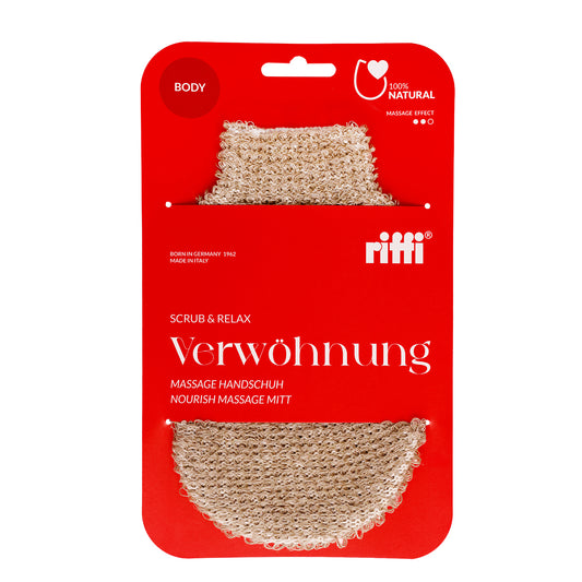 riffi Verwöhnung Massagehandschuh Scrub & Relax – sanfte Massage und Peeling für empfindliche Haut, aus Leinen und Baumwolle