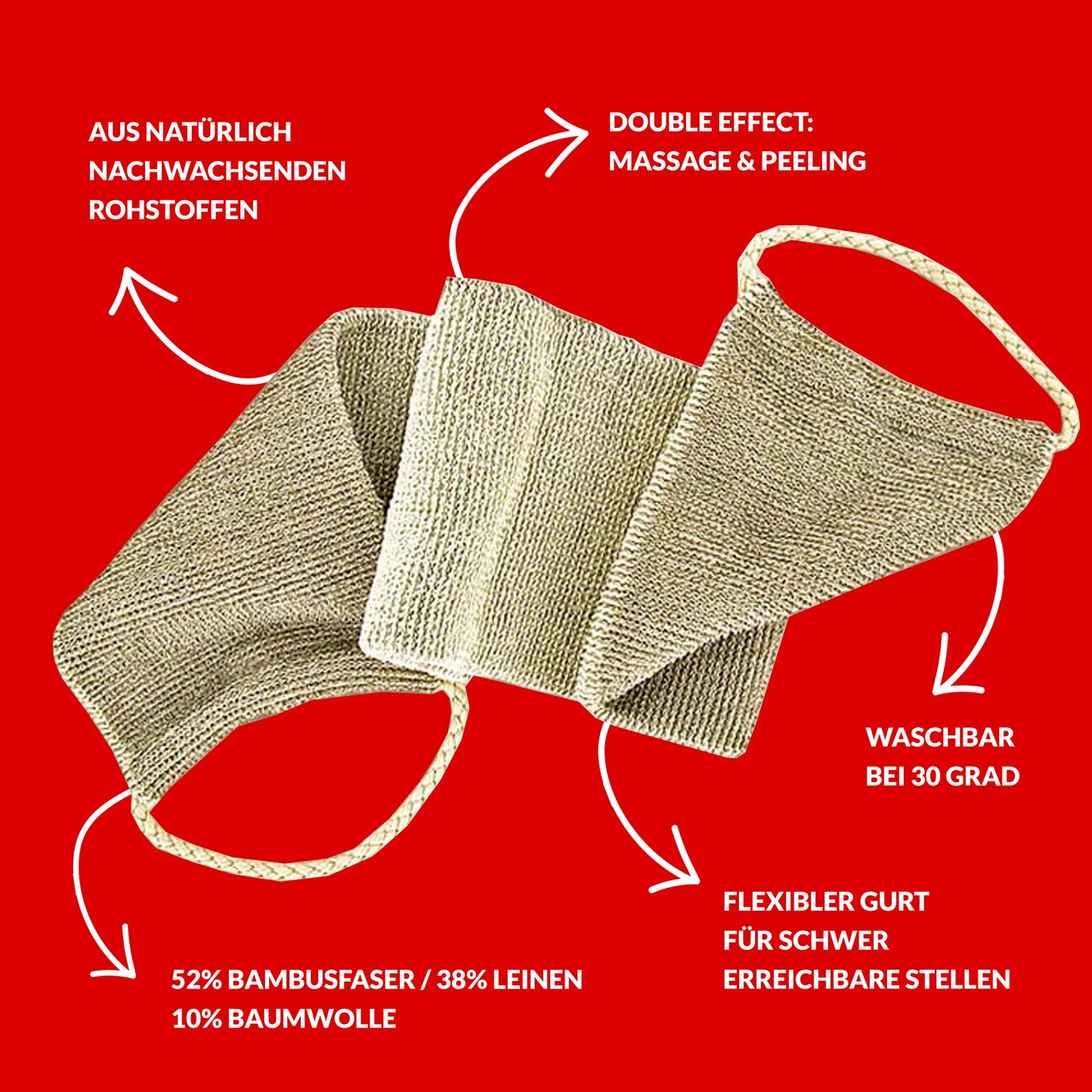Darstellung des riffi Erneuerung Peeling Gurts mit Materialangaben: 52 % Bambusfaser, 38 % Leinen, 10 % Baumwolle; mit Anwendungsvorteilen wie Massage & Peeling, flexibel für schwer erreichbare Stellen, waschbar bei 30 Grad.