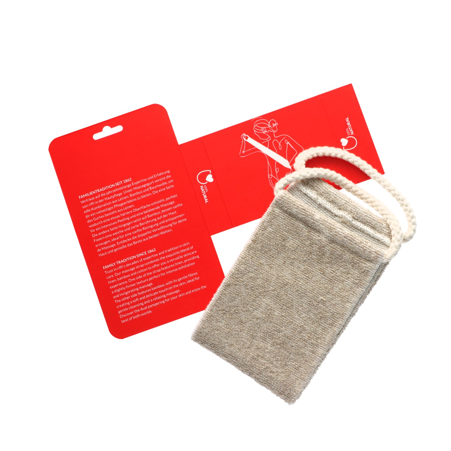 riffi Erneuerung Peeling Gurt mit geöffneter roter Verpackung, sichtbare Anwendungsgrafik und Beschreibung auf Deutsch und Englisch – Körperpflegeprodukt aus Naturfasern.