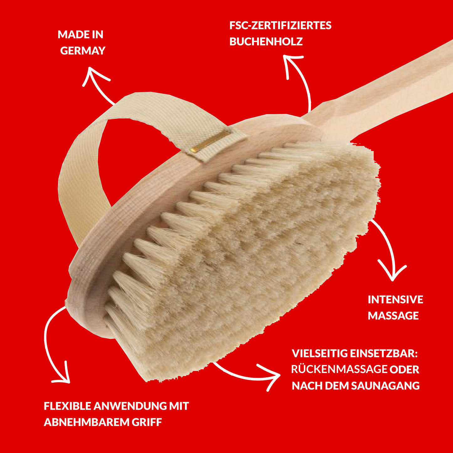 Riffi Massagebürste aus FSC-zertifiziertem Buchenholz mit Naturborsten, abnehmbarem Griff für flexible Anwendung, ideal für Trockenmassage oder nach dem Saunagang, Made in Germany.