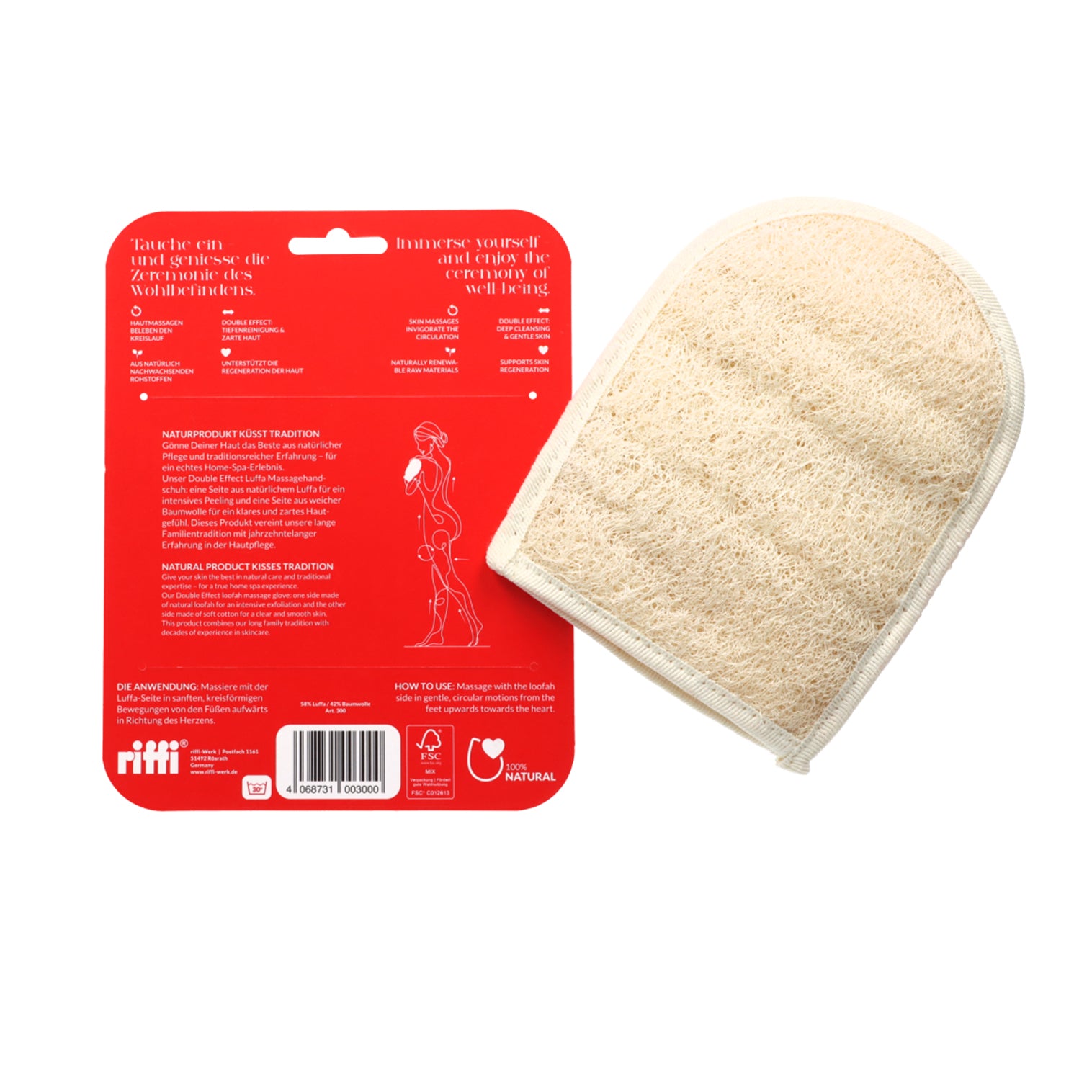Rückseite der Verpackung des riffi Zeremonie Luffa Peelinghandschuhs mit Anwendungshinweis, Produktbeschreibung auf Deutsch und Englisch, Illustration der Massagebewegung, Materialangabe 100 % Natur.